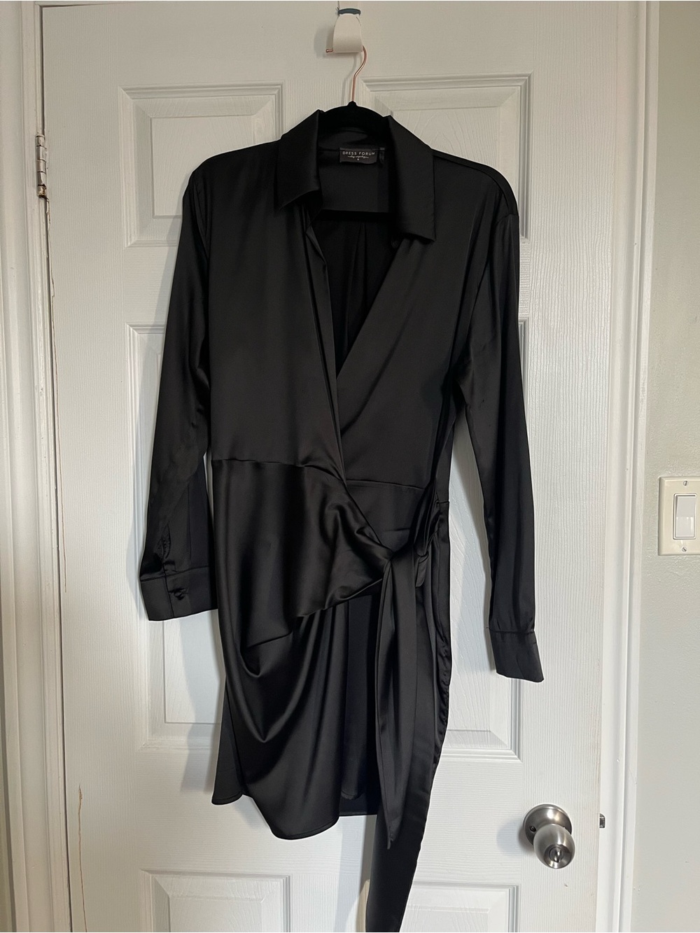 Black Satin Long-Sleeve Wrap Dress from Honey